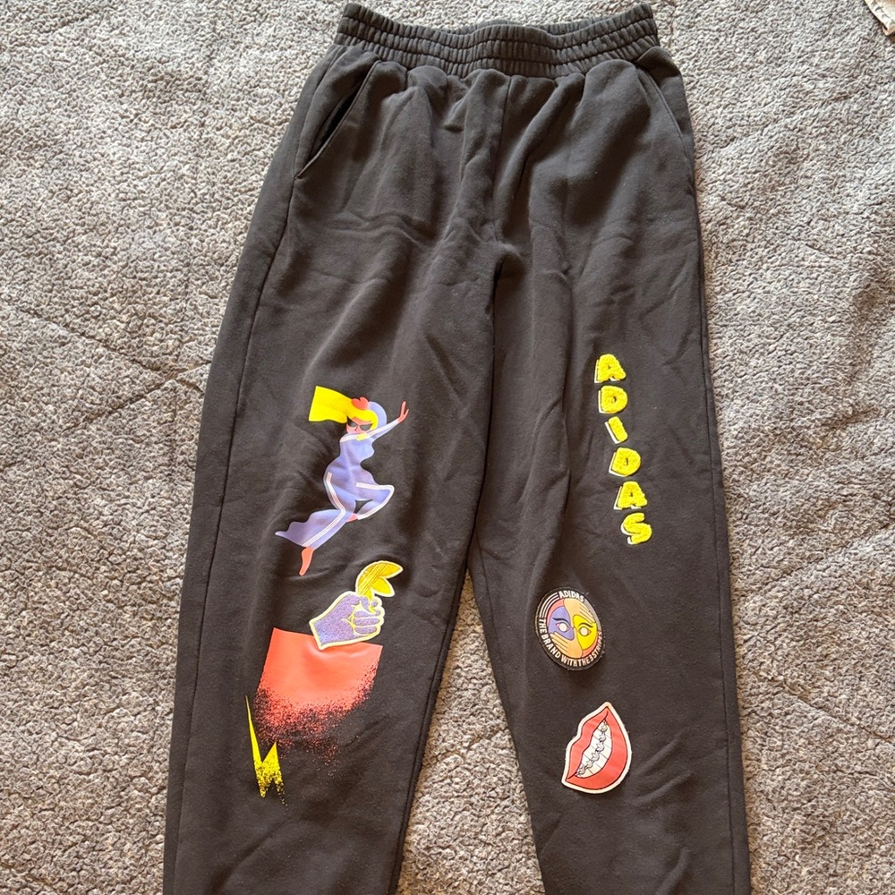 Adidas Black Joggers with Yellow and Red Graphics
